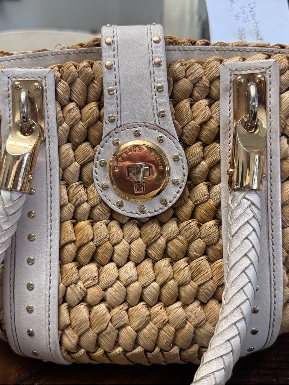 Women’s Michael Kors Santorini Straw Tote With Gold Studs - Picture 6 of 12
